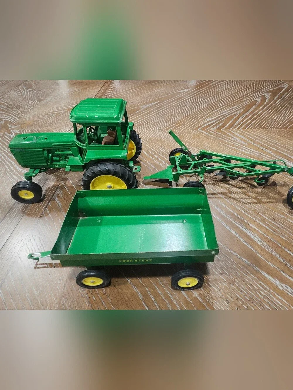 Vintage John Deere 1970s ERTL 3-Piece Farm Toy Set Tractor Plow & Wagon 512-7216